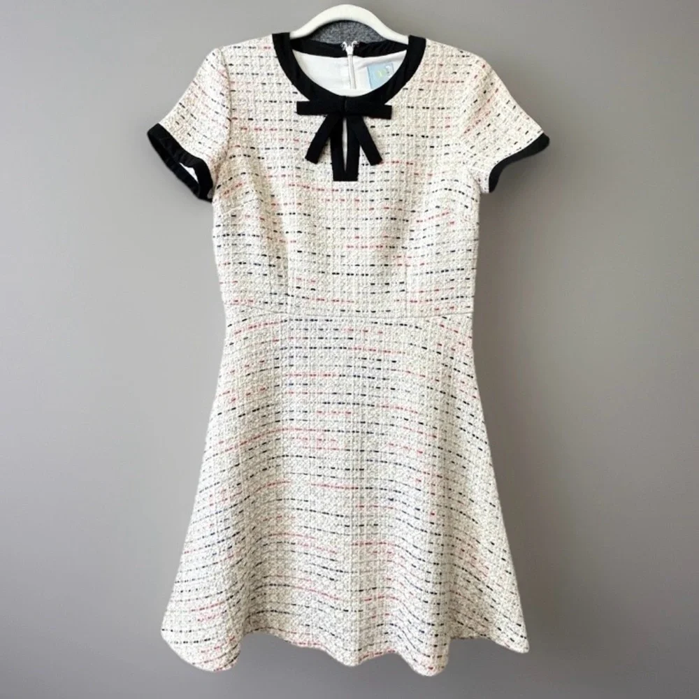 CeCe Tweed Bow Neck Fit Flare A-Line Dress 6 Coquette Preppy - Picture 1 of 16